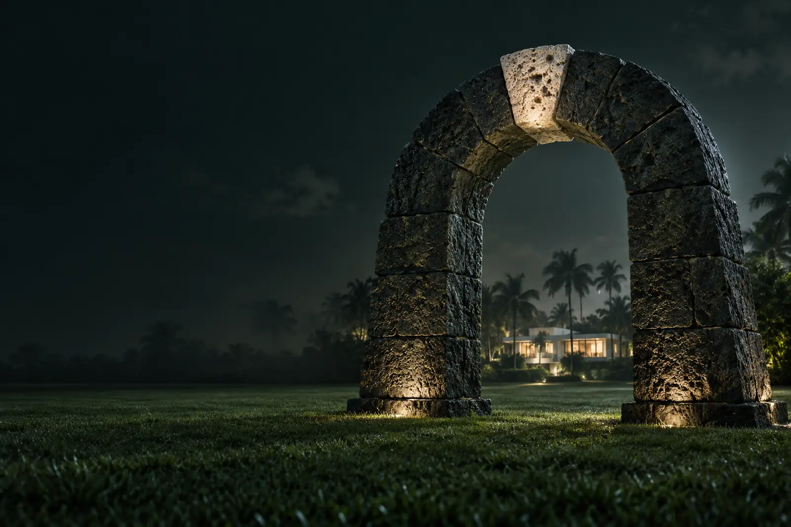 A stone arch at night on a South Florida lawn, its pale keystone lit, framing a lit home among royal palms